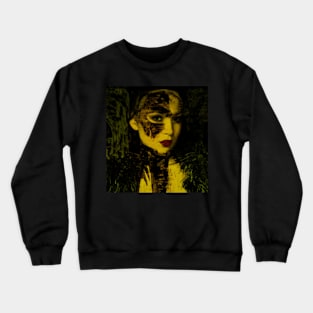 Beautiful girl, with mask. Like royal, but dark. Yellow and green light, red lips. So beautiful and calm. Crewneck Sweatshirt